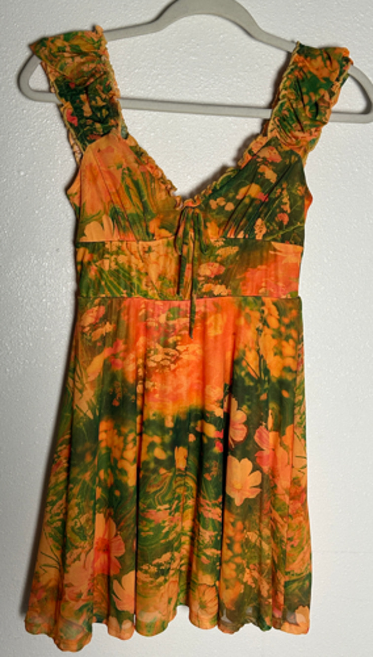 Urban Outfitters Womens Mini Dress Orange Green Floral Milkmaid Size Small
